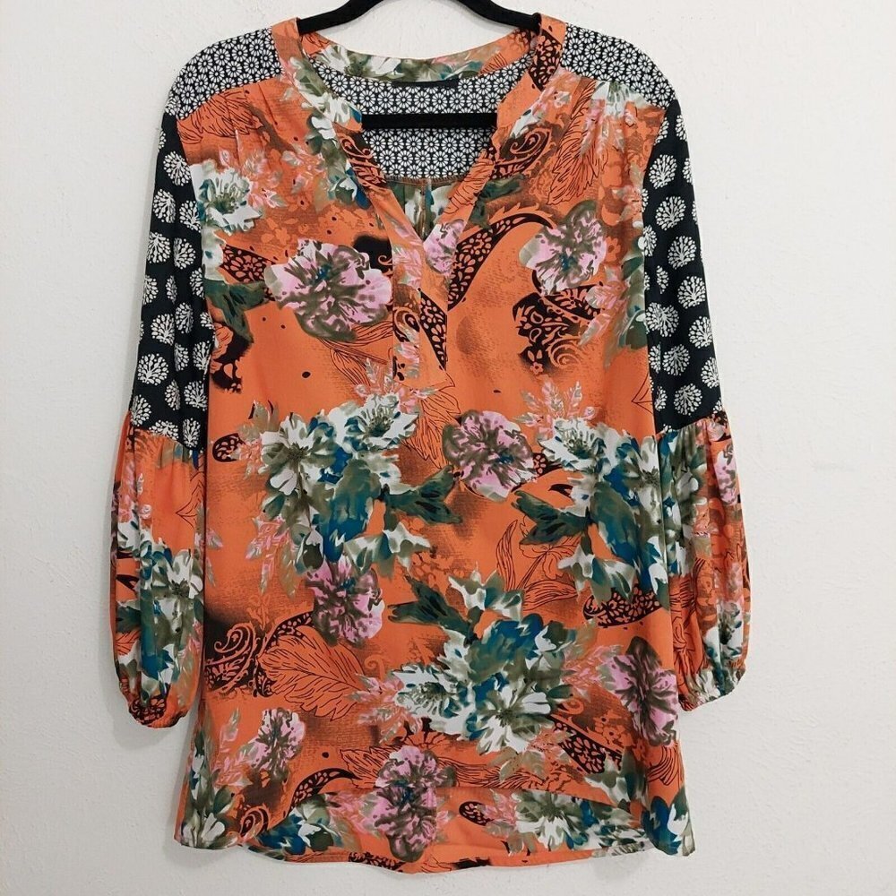 Feathers by Tolani Top Medium Orange Floral Tunic Blouse 3/4 Sleeves Mixed Media
